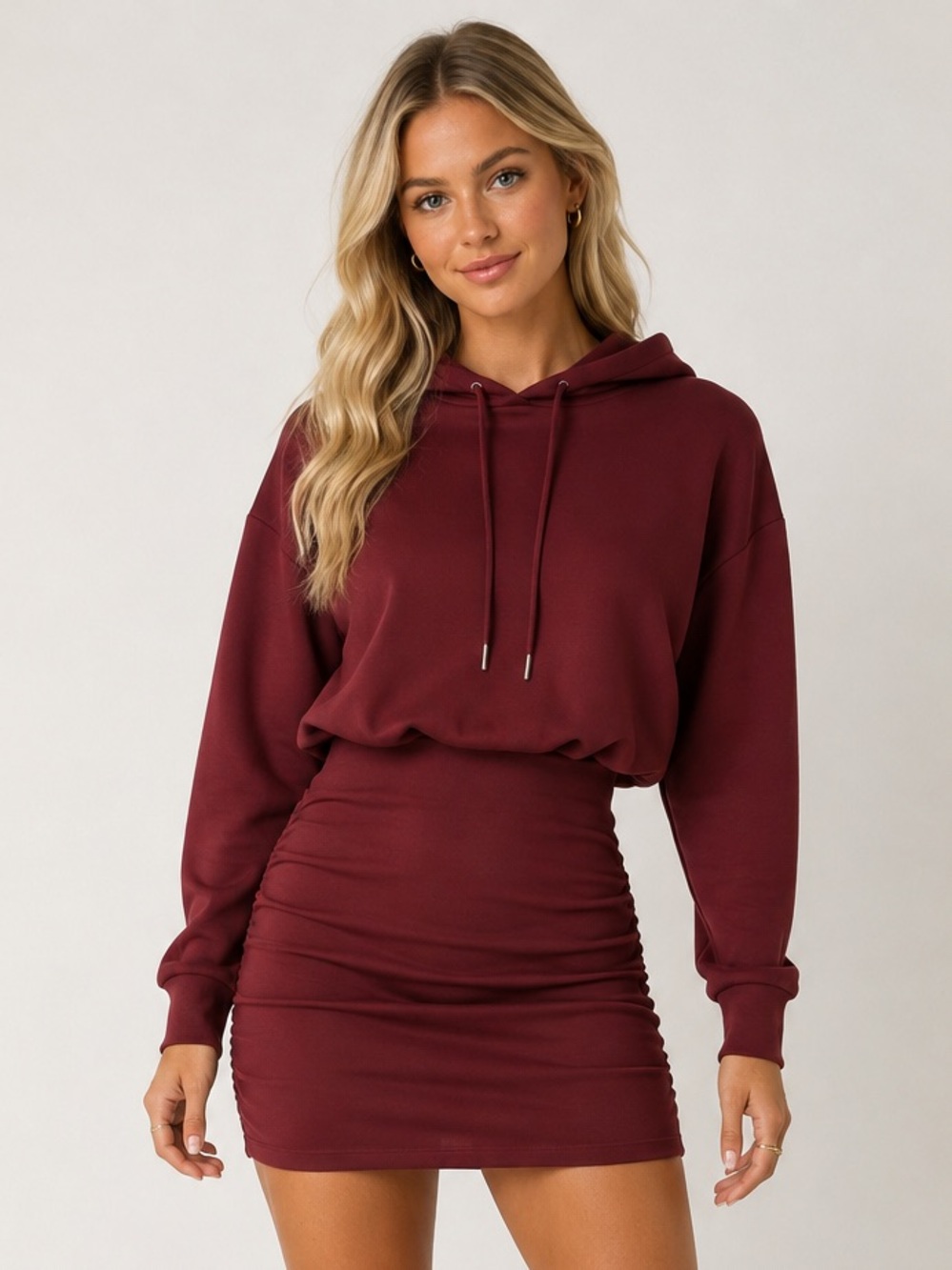 Halara SpacerTek™ Ruched Hoodie Mini Dress – Oxblood Red – XS